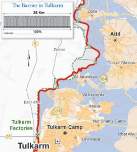 Der Verlauf der Trennbarriere nördlich von Tulkarem. Die „agricultural gates“ sind mit grünen Kreuzen markiert. Karte © UNOCHA