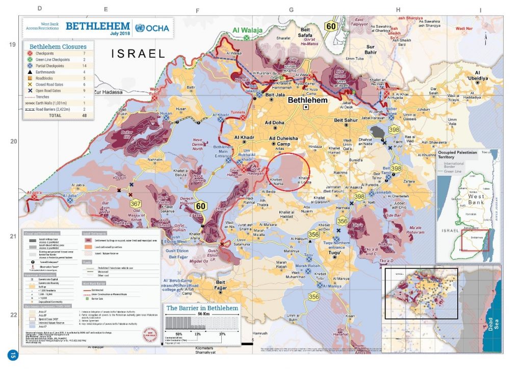 Der Verwaltungsbezirk Bethlehem. In lila und rosa sind die Siedlungen, Außenposten und das Land markiert, welches die Siedlungen nutzen, z.B. für Landwirtschaft. Karte © UNOCHA