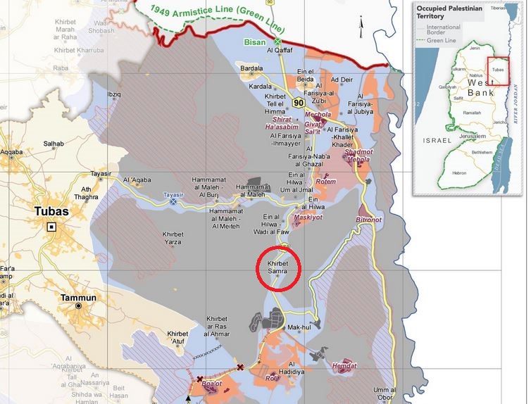 Khirbet Samra liegt, umgeben von Siedlungen (lila, orange) und militärischem Sperr- und Übungsgebiet (grau) im C-Gebiet des nördlichen Jordantals. Karte ©UNOCHA