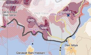 Die gestrichelten Linien markieren das Natur-reservat; israelischen Siedlungen wurden gebaut, während palästinensische Landbesitzer keinen Anspruch auf Baugenehmigungen haben; Karte ©UNOCHA