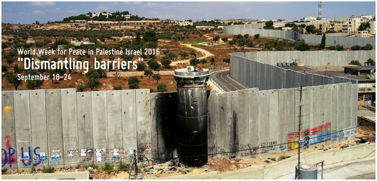 Die Trennbarriere am Aida Camp, im Hintergrund die durch die Mauer von Bethlehem abgetrennten Olivenhaine. Die World Week for Peace in Palestine and Israel des Ökumenischen Rats der Kirchen warb 2016 für den Abbau von Mauern. (©Palestine Israel Ecumenical Forum)