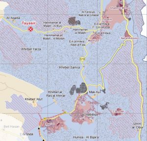 Khirbet Samra ist umgeben von militärischem Sperrgebiet (schwarz gepunktet), Siedlungen (lila Flächen) und Naturreservaten (lila gestrichelt); Karte ©UNOCHA