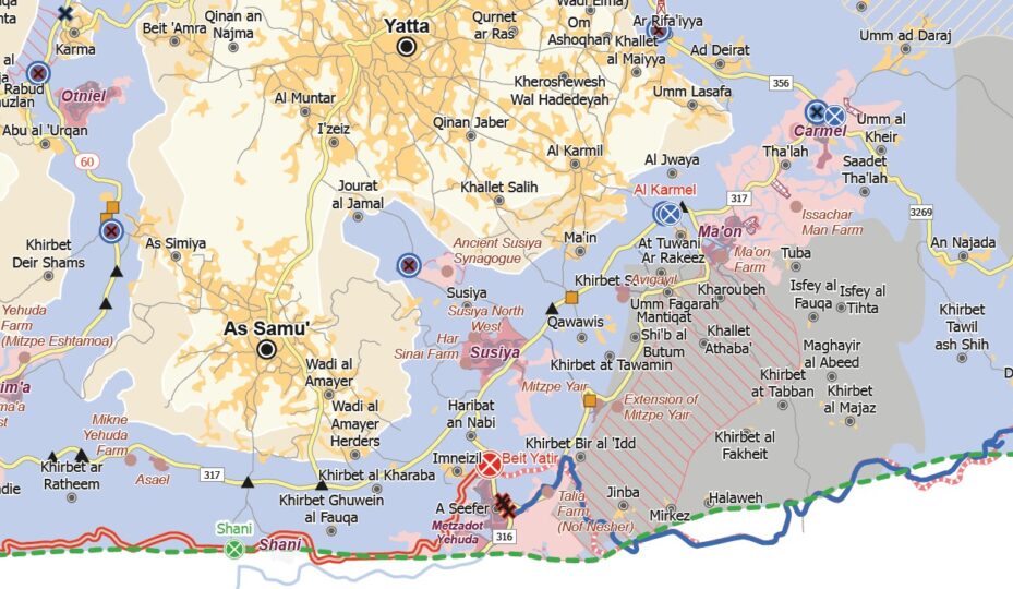Die Region südlich der Stadt Yatta ist geprägt von palästinensischen Hirtengemeinden in einem Gebiet vollständiger israelischer Kontrolle (blau), völkerrechtswidrigen israelischen Siedlungen und Siedlungsaußenposten (lila); militärischem Übungsgelände (grau), Checkpoints und der Trennbarriere, die nahe Haribat an Nabi tief in das Westjordanland einschneidet. © UNOCHA-OPT West Bank Access Restrictions July 2025