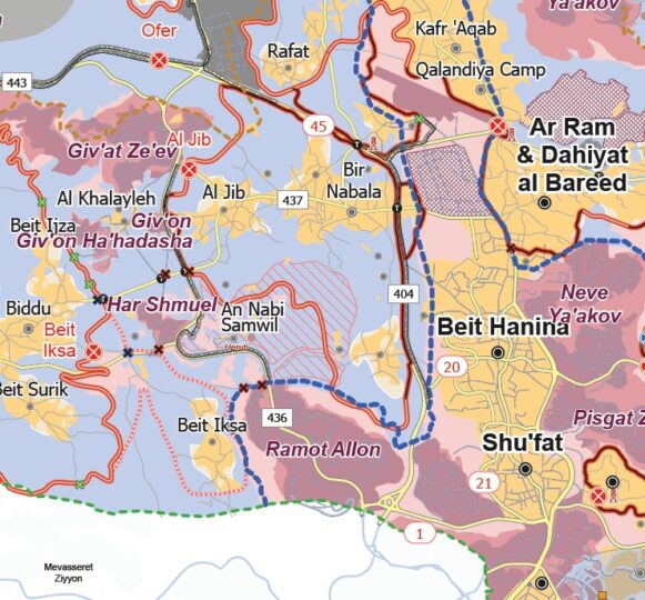An Nabi Samwil liegt einige Kilometer nördlich der Grünen Linie im Westjordanland, ist jedoch durch die Trennbarriere abgeschnitten und von Siedlungen (lila) umgeben; © UNOCHA-OPT
