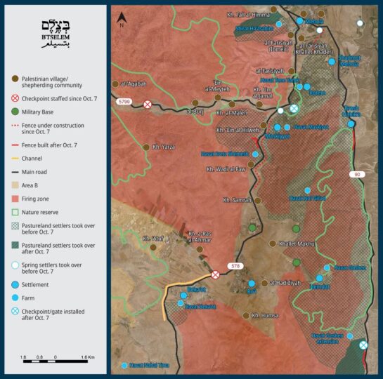 Diese Karte der israelischen Menschenrechtsorganisationen B’Tselem zeigt die Bedrängung der palästinensischen Gemeinden im Jordantal durch Siedlungen, Außenposten, Checkpoints und militärische Sperrgebiete sowie den Verlust von Weideland an Siedler:innen – Stand März 2024; https://www.btselem.org/sites/default/files2/map/202403_jordan_valley_map_of_palestinian_communities_and_settlers_outposts_eng.pdf