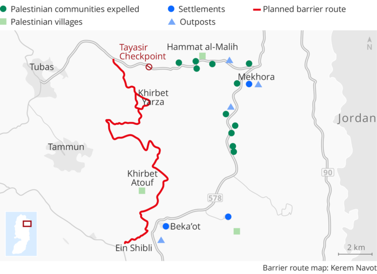 Karte der geplanten neuen Trennbarriere mitten im Jordantal; ©Haaretz